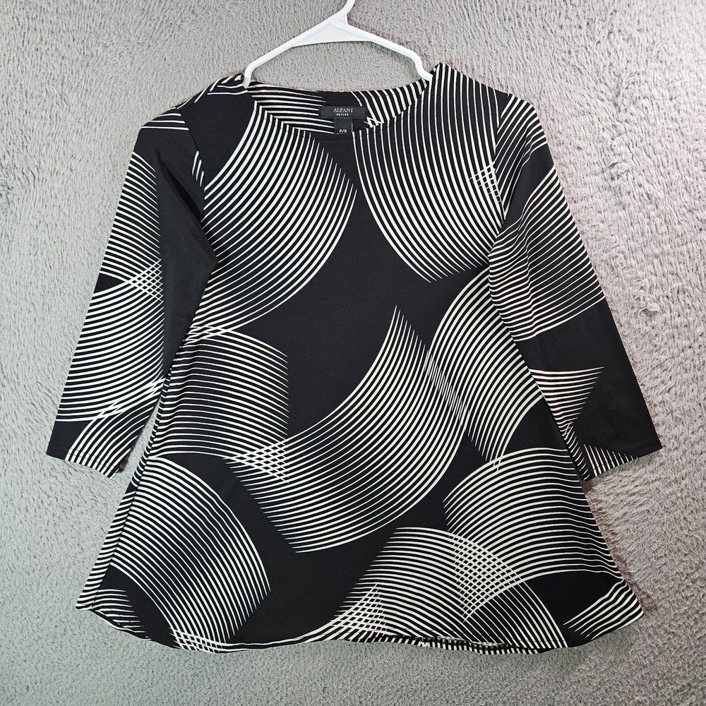 Alfani Top Blouse Women Small Petite Geometric Print Stretch Black White